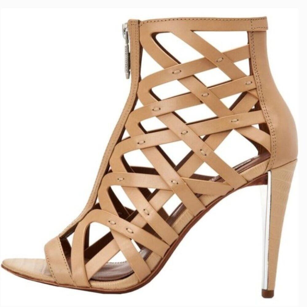 BCBG Max Azria Eleni Leather Caged Front Zip Gladiator Sandals Tan